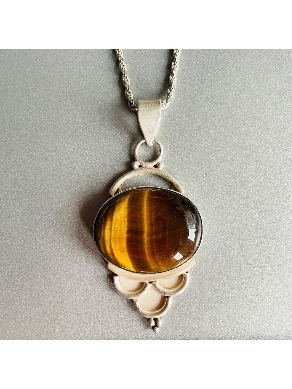 Vintage Tiger’s Eye Ornate Sterling Silver Pendant Necklace